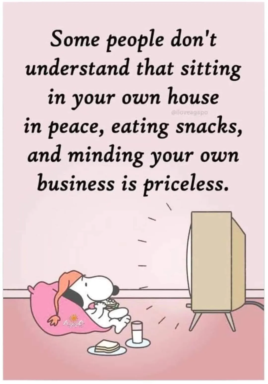 Snoopy Meme of him relaxing in his house watching tv and eating snacks